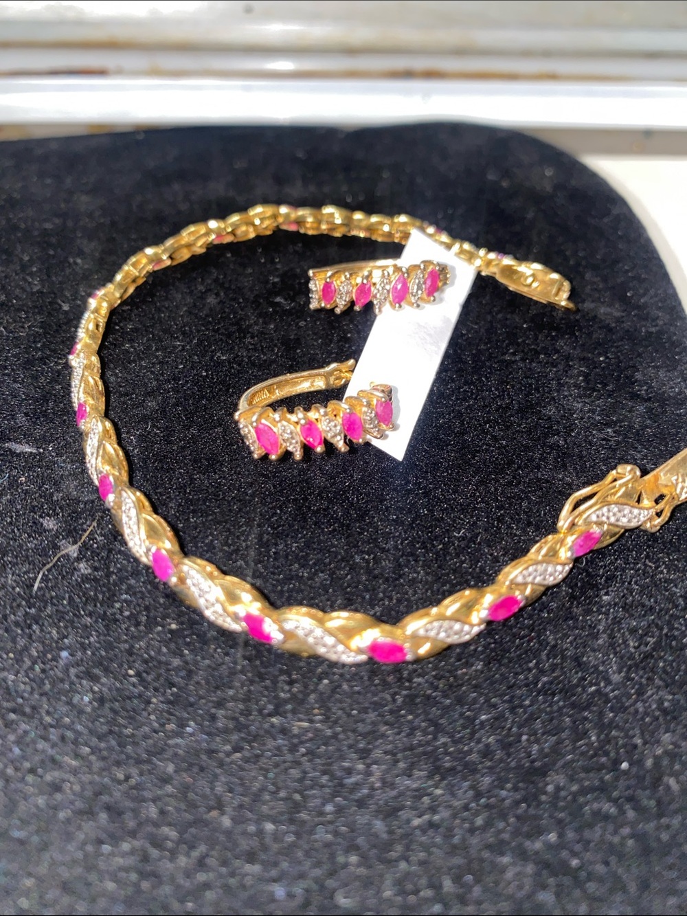 Dee Berkley Jewelry Gold-Tone 925 Bracelet and earring Set with Pink Stones